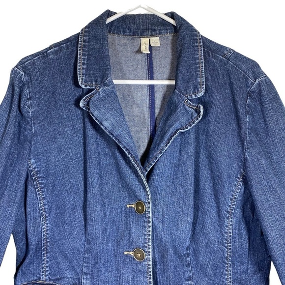 St. Johns Bay stretch women's Large denim blazer jacket slightly cropped pockets - Picture 3 of 9